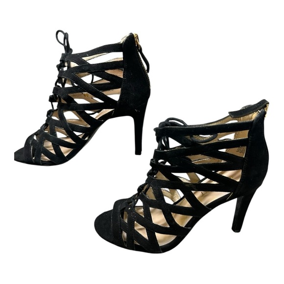 Nine West Authority Black Suede leather Peep Toe Cutout Heels Sz 6 (New)Strappy - Picture 3 of 12